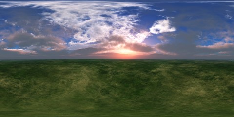 HDRI, environment map , Round panorama, spherical panorama, equidistant projection, panorama 360, panoramic landscape of green hills under a sky with clouds and the sun,