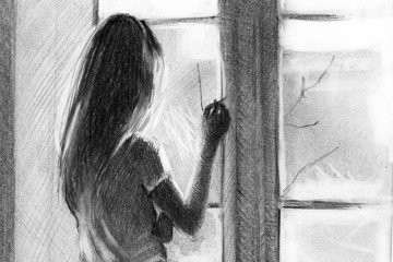 girl smokes. near the window . pencil drawing. graphics