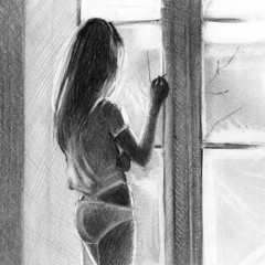 girl smokes. near the window . pencil drawing. graphics