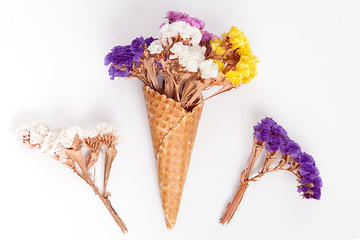 Dry flowers in ice cream cone. Rustic still life.