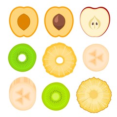 Set of fruit slices on a white background. Pineapple, apple, peach, kiwi, banana. Vector illustration