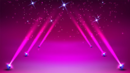 Stage podium with spotlights lighting, Stage Podium Scene with purple spotlight, violet floodlight, projector for Award Ceremony on red Background, Vector illustration