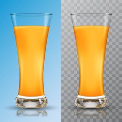 Glass with Orange juice. Tall glass with beverage. Tropical fruit organic drink. Healthy diet and clean eating. Vegan concept. 3d Realistic vector illustration. EPS10