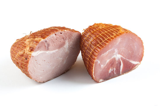 Cut In Half Smoked Ham On White Background