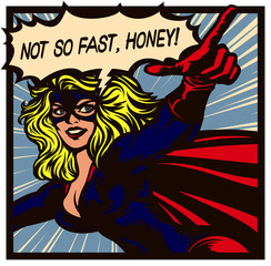 Pop art comics style superheroine with pointing finger and speech bubble female superhero vector poster illustration