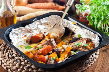 Roasted vegetables on baking metal tray