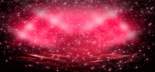Red romantic background for greeting cards or covers for the holiday of St. Valentine. Festive red background with hearts, sparkles, gradients, neon lights, rays and magic.