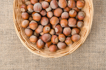 Hazelnut in peel on a light burlap.