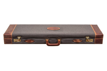 luxury brown leather case with gold-plated combination locks for arms isolated on white