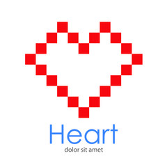 Logotipo abstracto con texto Heart con corazón rojo lineal formado por pixels