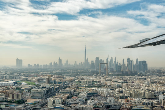 Aerial view of Dubai skyline seen from plane, United Arab Emirates
