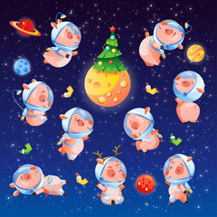 Christmas set of funny pigs in space with tree and planets. Chinese symbol of 2019 year. Vector illustration collection.