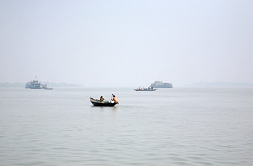 Misty morning on the holiest of rivers in India. Ganges delta in Sundarbans, West Bengal, India 