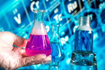 Low poly science chemical glass flasks. Magical equipment polygonal triangle blue glowing research future technology business medicine concept