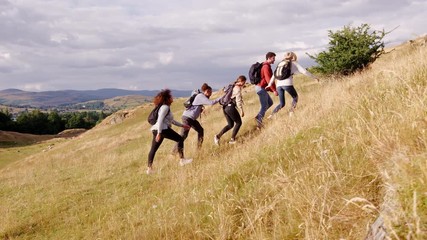 A multi ethnic group of five young adult friends help each other while hiking uphill across a field to the summit of a mountain, tracking shot