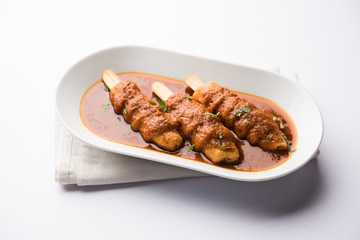 Soya Chaap Curry served in a bowl. Healthy recipe popular in India and Pakistan