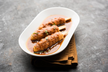 Soya Chaap Curry served in a bowl. Healthy recipe popular in India and Pakistan