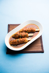 Soya Chaap Curry served in a bowl. Healthy recipe popular in India and Pakistan