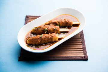 Soya Chaap Curry served in a bowl. Healthy recipe popular in India and Pakistan