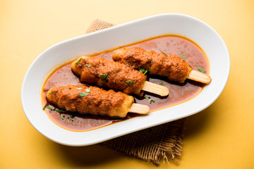 Soya Chaap Curry served in a bowl. Healthy recipe popular in India and Pakistan