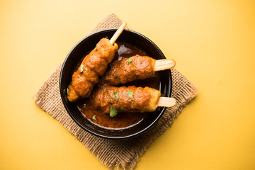 Soya Chaap Curry served in a bowl. Healthy recipe popular in India and Pakistan