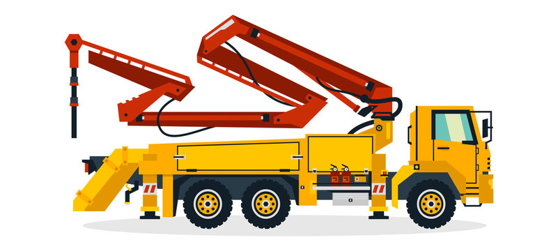 Concrete pump, commercial vehicles, construction equipment. Concrete pump truck working on construction sites. Vector illustration