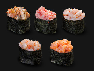 Set of land Felix on dark background. Tuna, shrimp, salmon, eel, scallop.