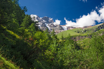 Panoramic view of the icy south face of Monte Rosa in Piedmont, Italy.