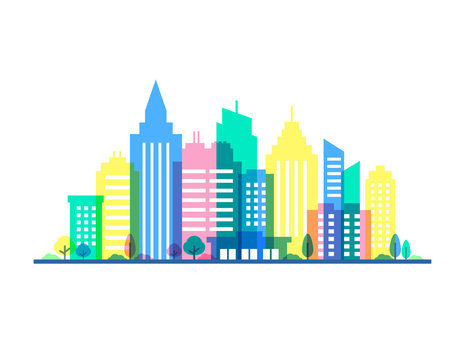 City illustration with punchy pastels colors. Flat style silhouettes of buildings on white background. Cityscape background in pastel colors. Urban life.
