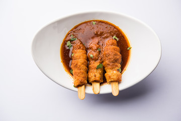 Soya Chaap Curry served in a bowl. Healthy recipe popular in India and Pakistan