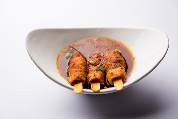 Soya Chaap Curry served in a bowl. Healthy recipe popular in India and Pakistan