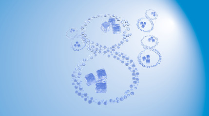 8 March. Figure of eight made of water drops with ice cubes over blue sky elegant background with copyspace. Decorative greeting grungy or postcard for international Woman's Day. 3d illustration