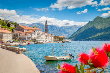 Historic town of Perast at Bay of Kotor in summer, Montenegro