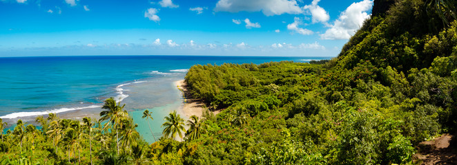 Panoramic view of the sea from the Kalalau trail in Kauai, US