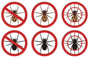 Stop spider signs. Set of signs of pest control. Vector illustration.