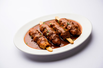 Soya Chaap Curry served in a bowl. Healthy recipe popular in India and Pakistan