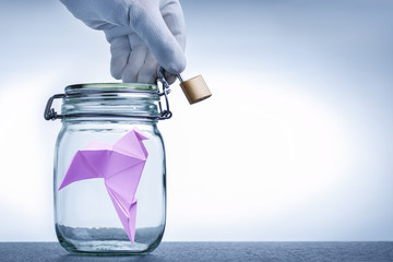 Concept False Freedom. Restraint freedom, closed journalism, newsletter, newspaper