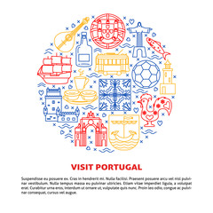 Visit Portugal round concept with icons in line style and place for text