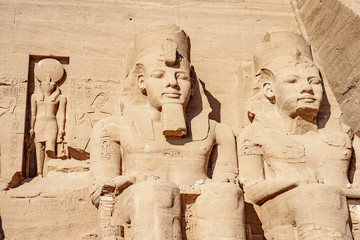 Ramesses the second or Ramesses the Great and Horus statues carved in rock at Abu Simbel Temple