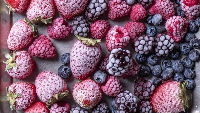 Top view of variety of forest fruits, berries freezing, time lapse