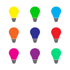 Set of glowing colorful light bulb as inspiration concept. Vector illustration. Flat.
