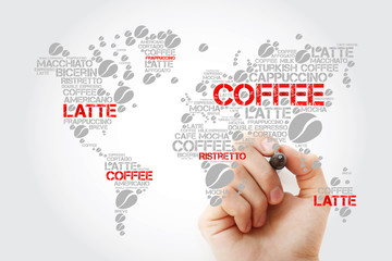 Coffee drinks word cloud in shape of World Map with marker