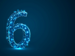 number six low poly abstract illustration consisting of points, lines, and shapes in the form of planets, stars and the universe. Raster digit 6 wireframe concept.