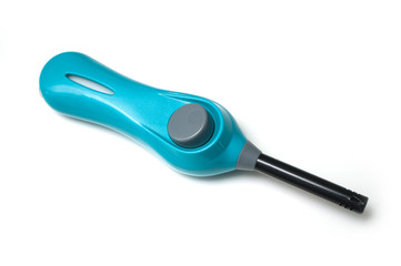 closeup of blue lighter on white background