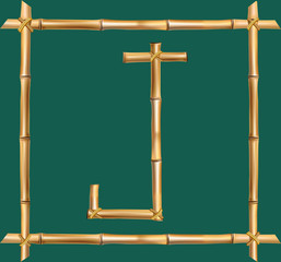 Capital letter J made of realistic brown dry bamboo poles inside of wooden stick frame