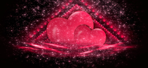Valentines day sale background red with heart. Red romantic background for greeting cards or covers for the holiday of St. Valentine. Festive red background with hearts, sparkles, gradients, neon ligh