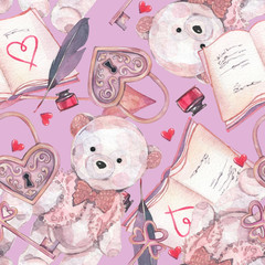 Watercolor illustration. Romantic retro seamless pattern for Valentine's Day with teddy bear, book, lock and key.