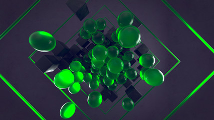 Abstract 3d rendering of chaotic particles. Colored cubes and sphere in empty space. Black background
