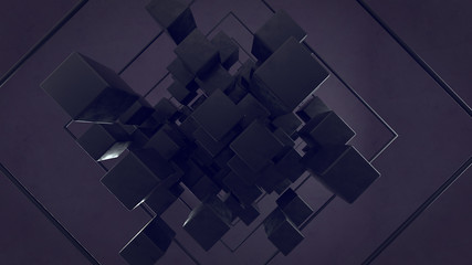 Abstract 3d rendering of chaotic particles. Colored cubes in empty space. Black background