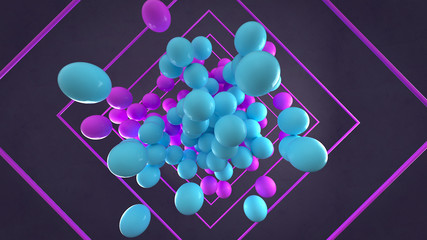 Abstract 3d rendering of chaotic particles. Colored spheres in empty space. Black background